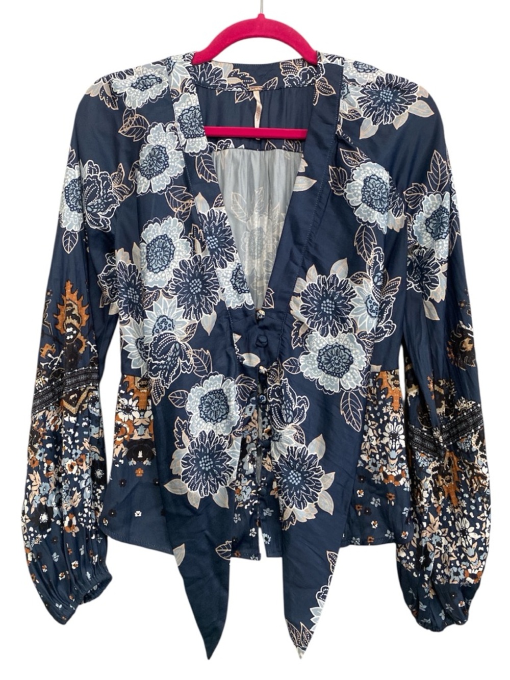 Free People Run Free Deep V-neckline Button Closure Small Boho Floral Blouse